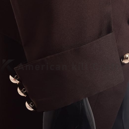 Close-up of men’s Victorian frock coat showing the lapel, button details, fabric texture and refined historical tailoring craftsmanship.
