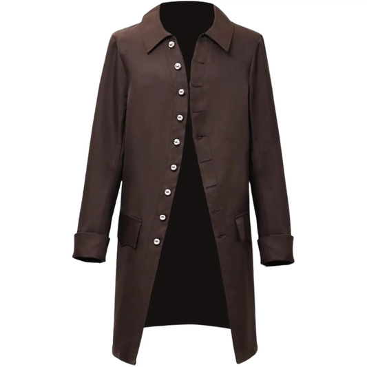 Men’s steampunk Victorian frock coat front view featuring a long tailored silhouette, classic lapels and historical costume-inspired styling.