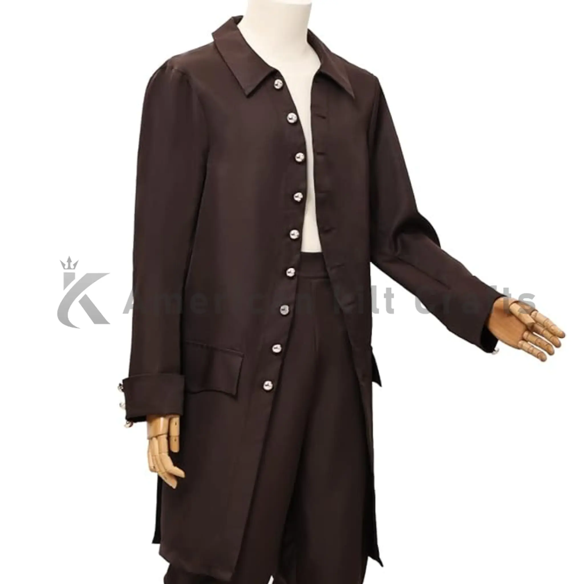 Side view of men’s steampunk Victorian frock coat highlighting the long formal silhouette, tailored fit and period-inspired costume styling.