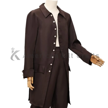 Side view of men’s steampunk Victorian frock coat highlighting the long formal silhouette, tailored fit and period-inspired costume styling.