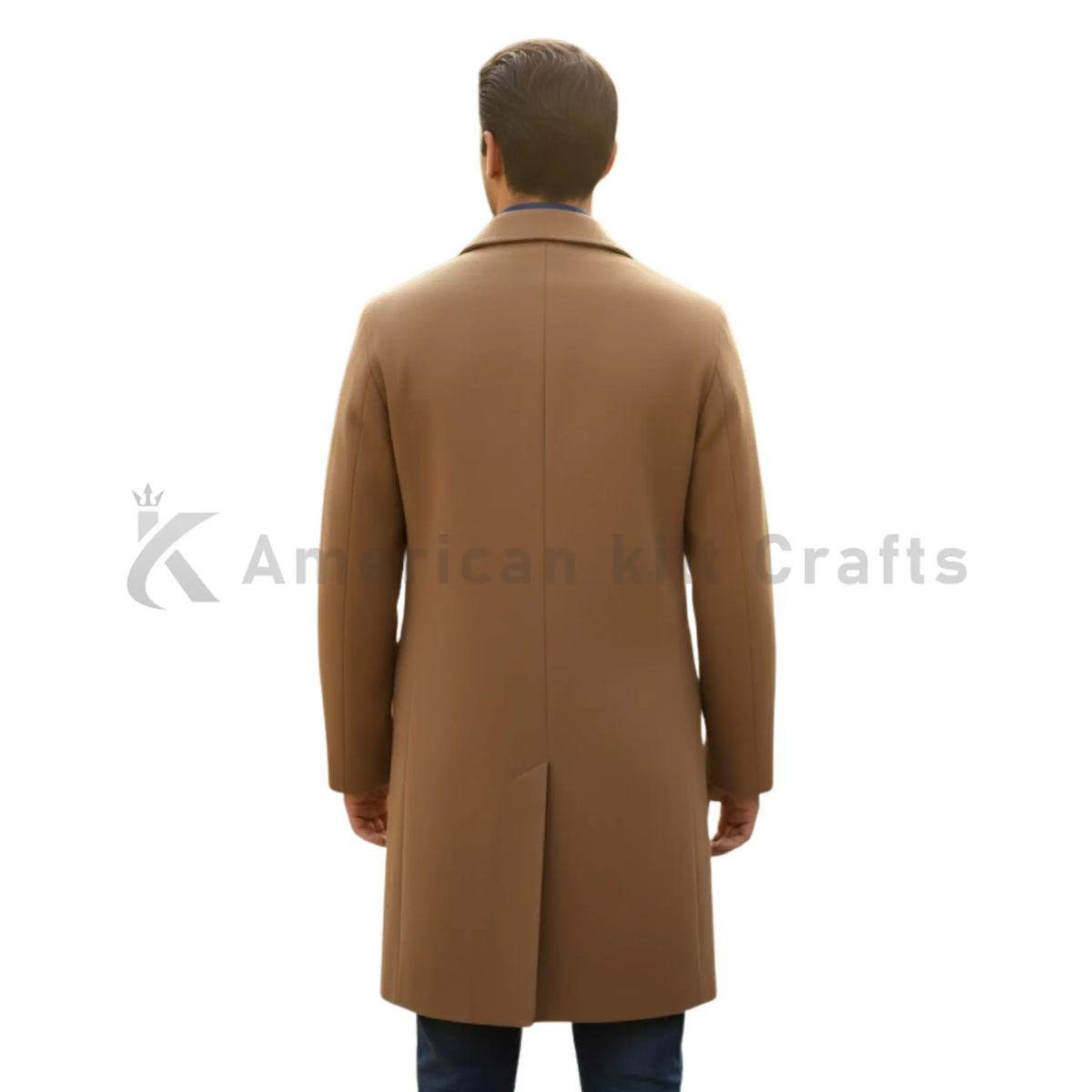 Back view of men’s tan camel wool blend long overcoat with classic tailored formal design.