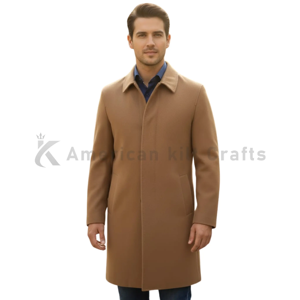 Men’s tan camel wool blend overcoat front view with single breasted closure and fold down collar