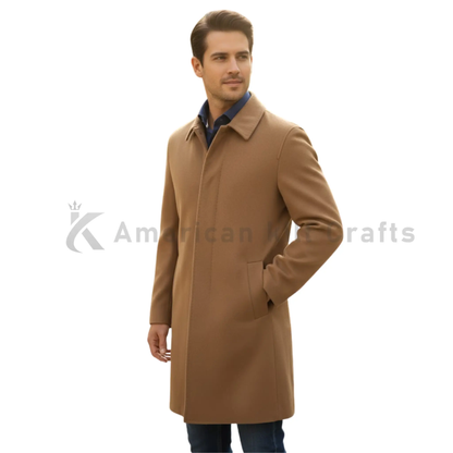 Side view of men’s tan camel wool blend winter overcoat with classic long tailored silhouette.