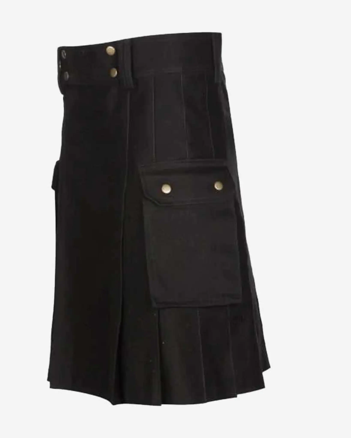 Side view of men's handmade black Scottish utility kilt showcasing its tailored construction, side detailing, and traditional Highland-inspired design.