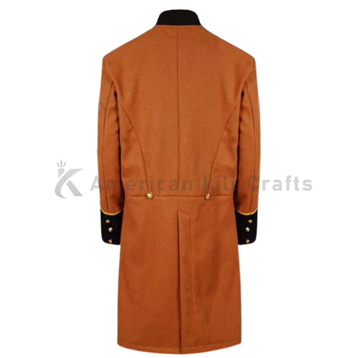 Men’s Union Captain Civil War butternut frock coat shown from the back, displaying the rear design and historical military coat construction.