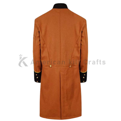 Men’s Union Captain Civil War butternut frock coat shown from the back, displaying the rear design and historical military coat construction.