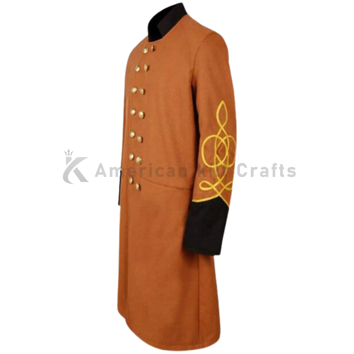 Men’s Union Captain Civil War butternut frock coat shown from the side, highlighting the tailored military silhouette and coat length.