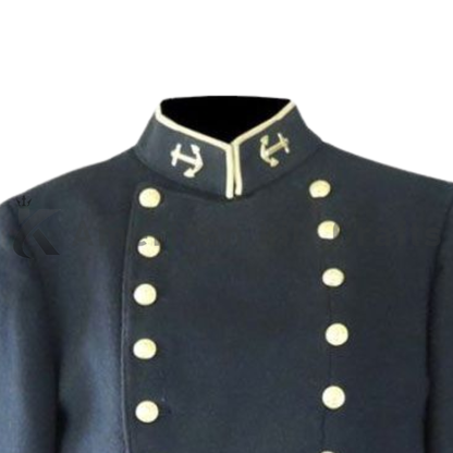 Close-up of a men's US Navy vintage 1960s naval jacket highlighting the double-breasted buttons, fabric texture, stitching and classic naval military detailing.