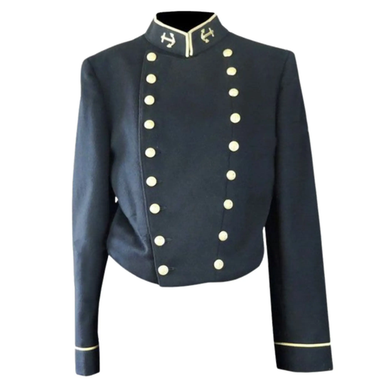 Front view of a men's US Navy vintage 1960s naval jacket featuring a classic double-breasted military design, structured tailoring and traditional naval uniform styling.