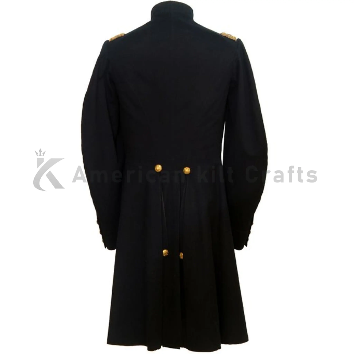 Back view of a men's Victorian military frock coat showing the structured shoulders, tailored back, long historical silhouette and 19th century stage uniform styling.