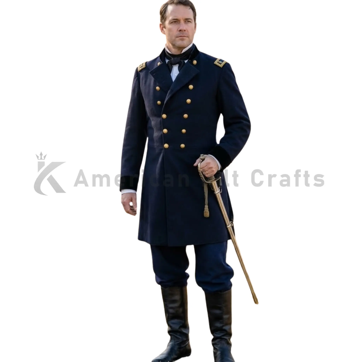 Front view of a men's Victorian military frock coat featuring historical 19th century stage uniform styling, structured tailoring and a formal period-inspired silhouette