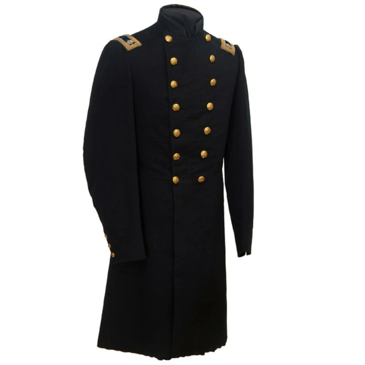 Side view of a men's Victorian military frock coat showing the tailored fit, structured shape and historical 19th century stage uniform design.