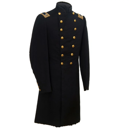 Side view of a men's Victorian military frock coat showing the tailored fit, structured shape and historical 19th century stage uniform design.