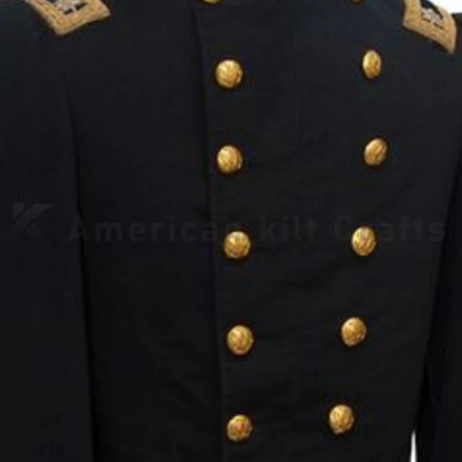 Men's Victorian military frock coat size guide showing how to measure chest, waist, shoulders, sleeves and coat length for the best fit.