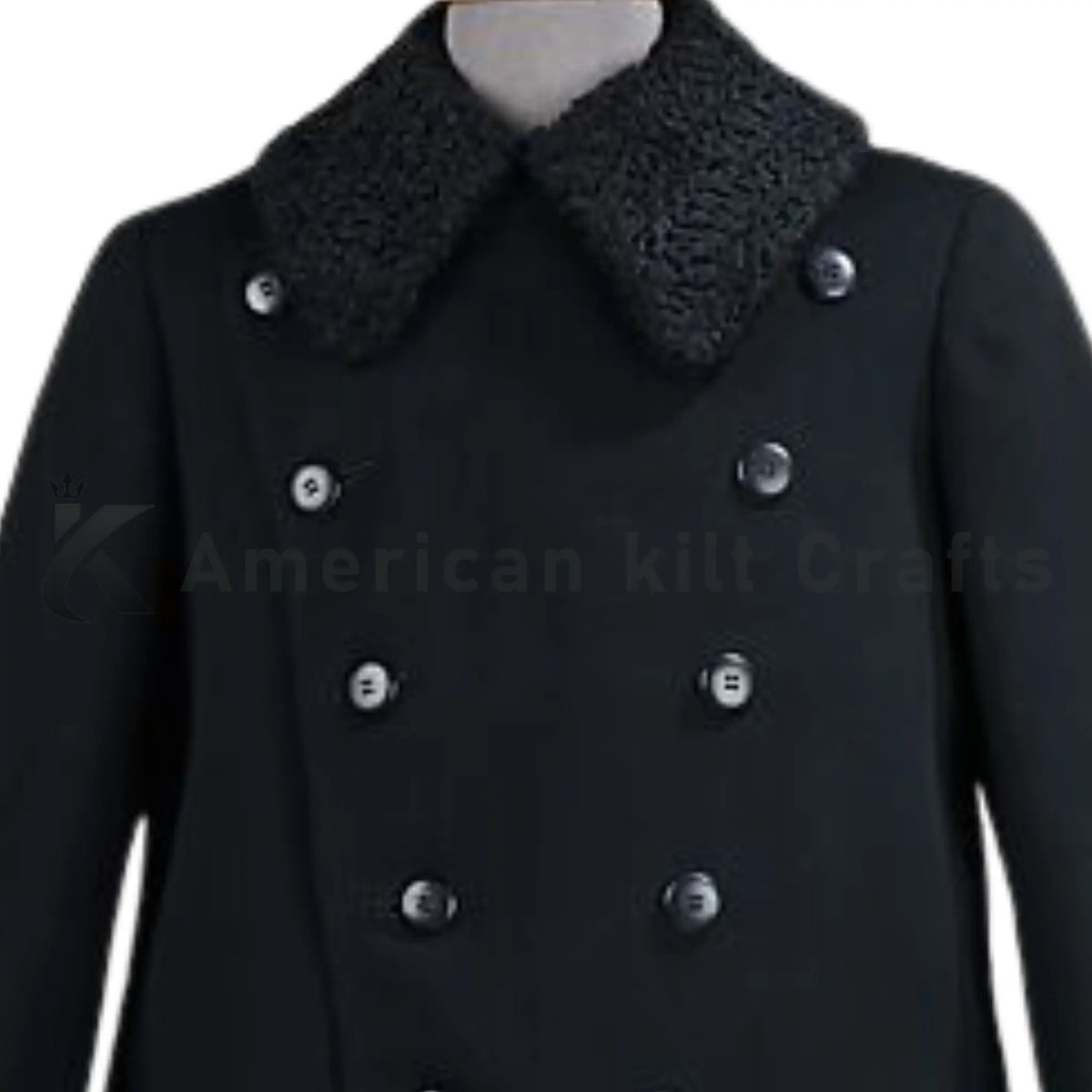 Close-up of men’s vintage chauffeur greatcoat showing wool-blend fabric, military-inspired details, buttons, collar, and tailored craftsmanship.