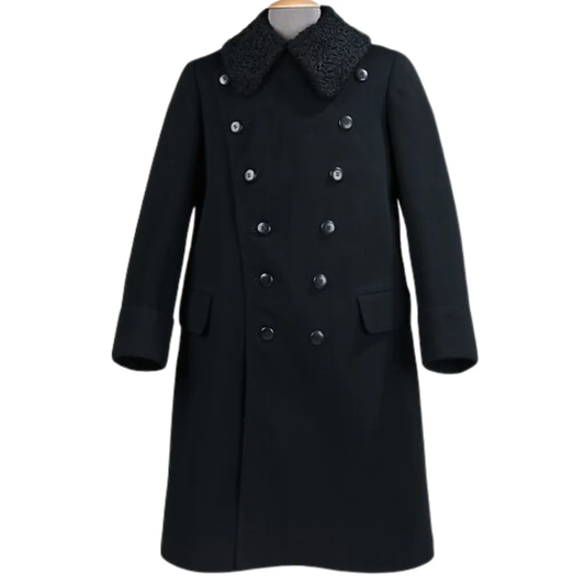 Men’s vintage chauffeur greatcoat front view featuring a long military-inspired silhouette, structured tailoring, and classic 20th-century styling.
