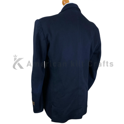 Back view of a men's vintage naval blazer coat showing the clean tailored back, structured shoulders and classic bespoke wool silhouette.