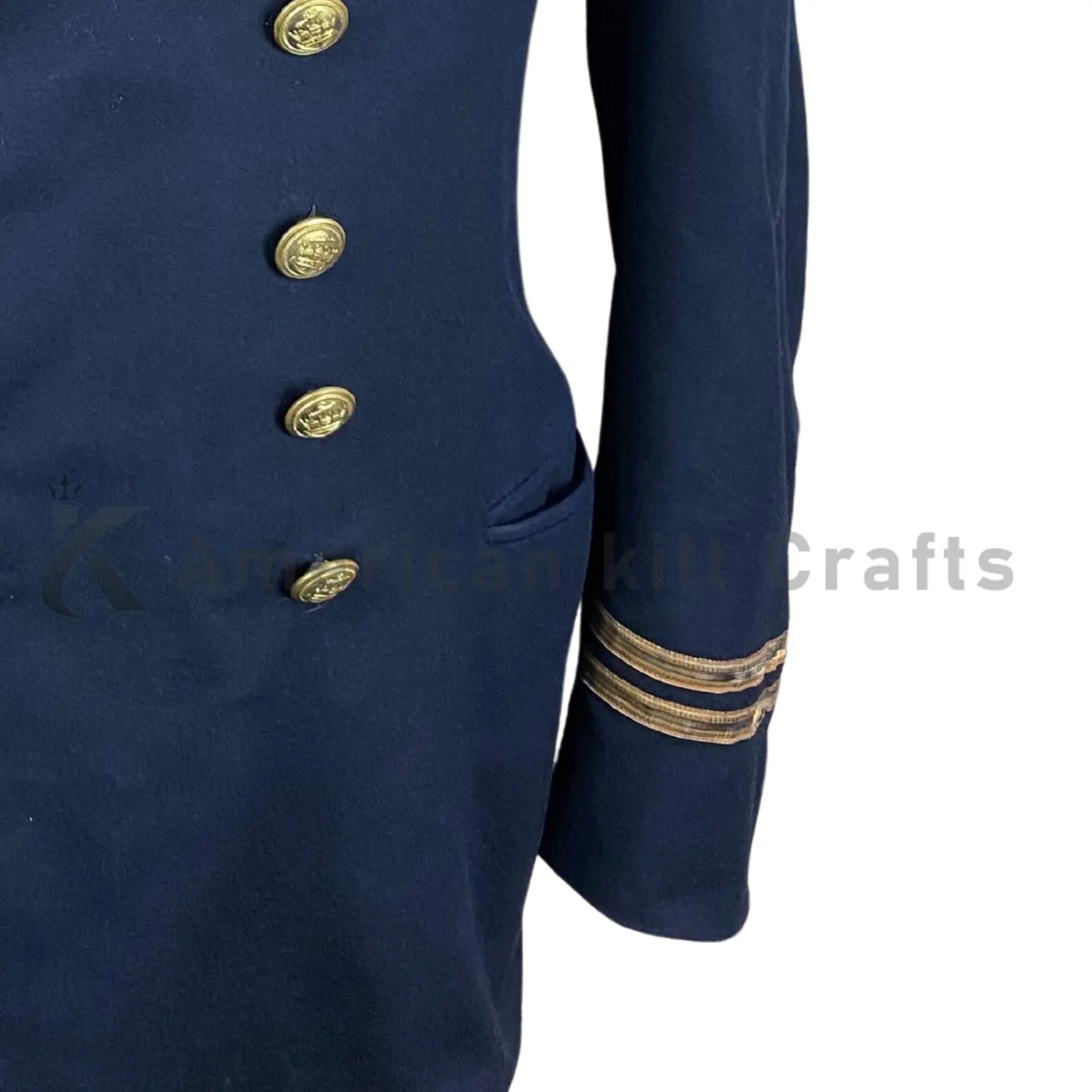 Close-up of a men's vintage naval blazer coat highlighting the double-breasted buttons, wool fabric texture, lapels, stitching and bespoke tailoring details.