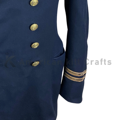 Close-up of a men's vintage naval blazer coat highlighting the double-breasted buttons, wool fabric texture, lapels, stitching and bespoke tailoring details.