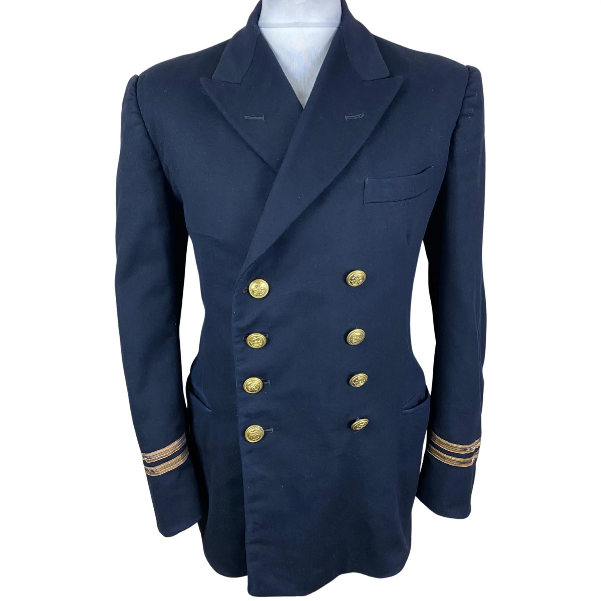 Front view of a men's vintage naval blazer coat featuring a bespoke double-breasted wool design, structured tailoring and classic maritime-inspired styling.