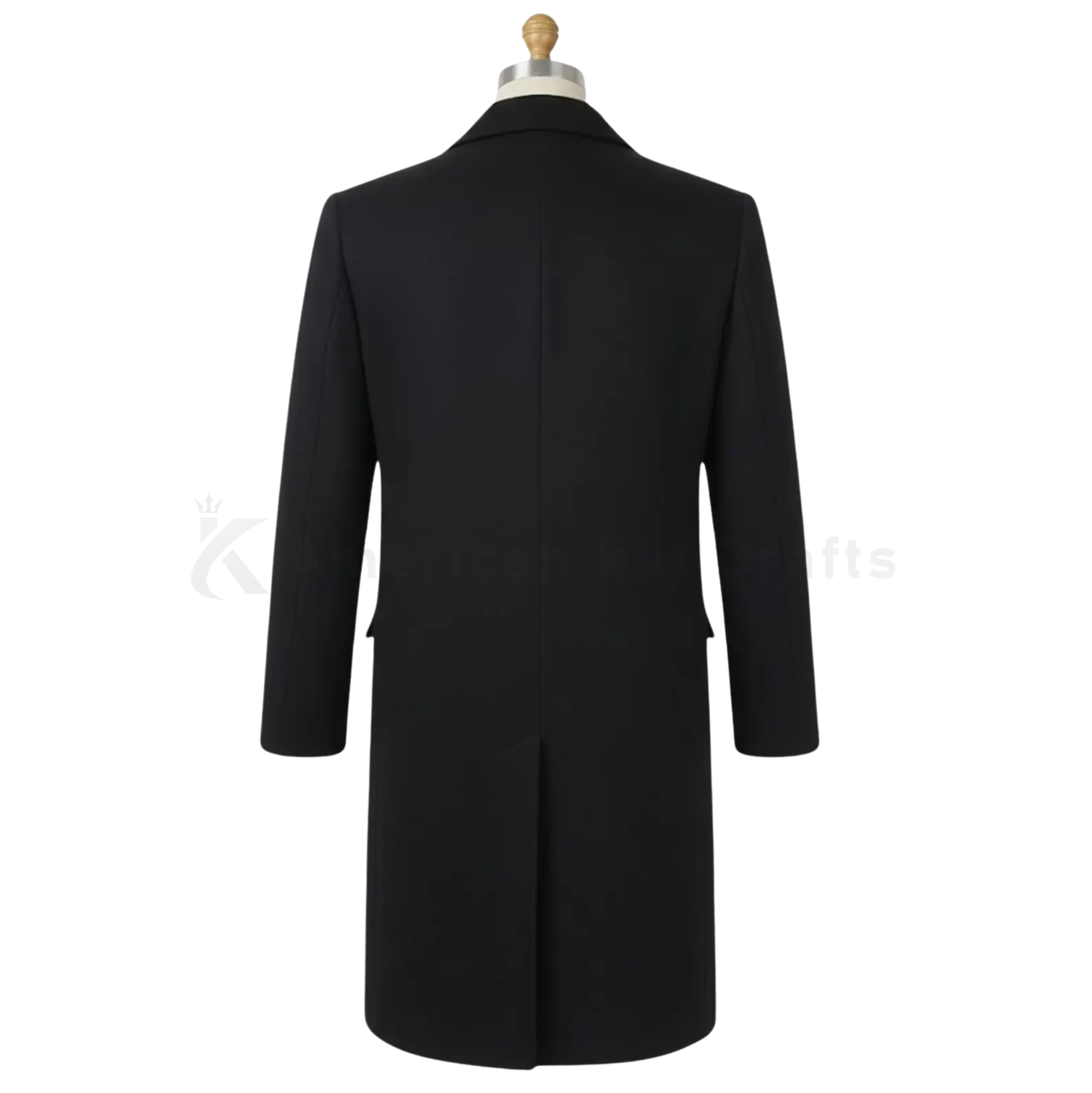 Back view of men’s vintage wool overcoat with clean tailored silhouette and Peaky Blinders inspired formal design.