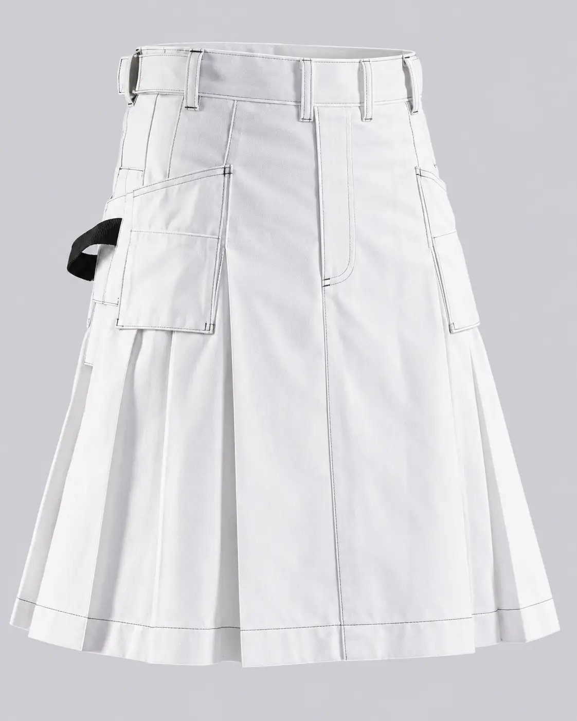 Men's white utility work kilt front view featuring a flat front apron, durable fabric, belt loops, side cargo pockets, and modern workwear-inspired styling.
