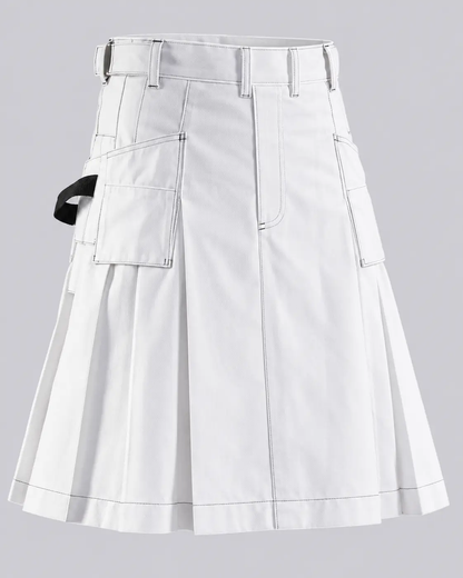 Men's white utility work kilt front view featuring a flat front apron, durable fabric, belt loops, side cargo pockets, and modern workwear-inspired styling.