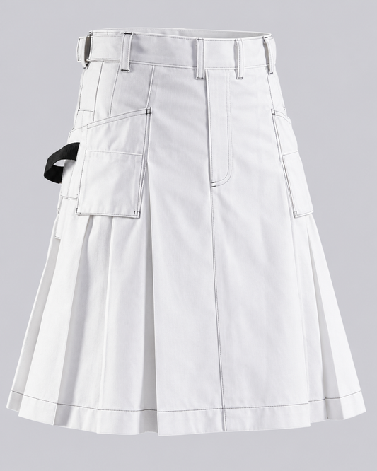 Men's white utility work kilt front view featuring a flat front apron, durable fabric, belt loops, side cargo pockets, and modern workwear-inspired styling.