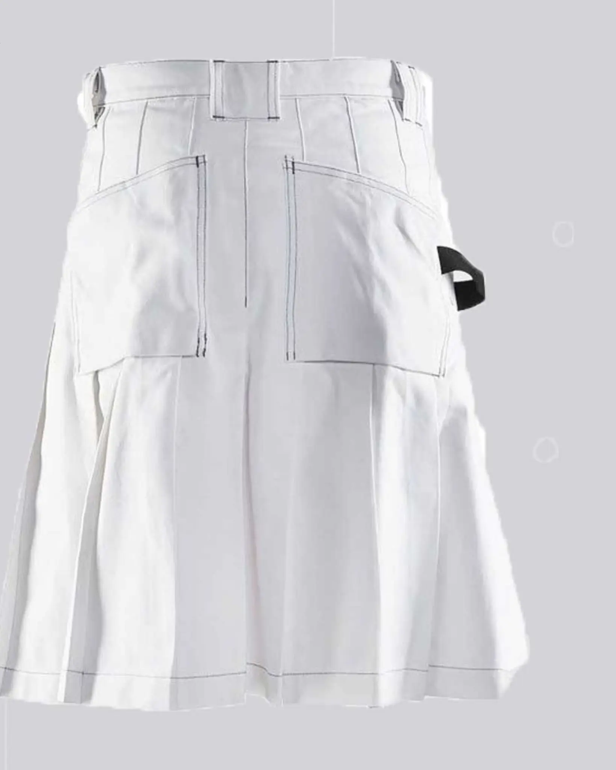 Back view of men's white utility work kilt showcasing pleated construction, practical back pockets, belt loops, and durable stitching for everyday wear.
