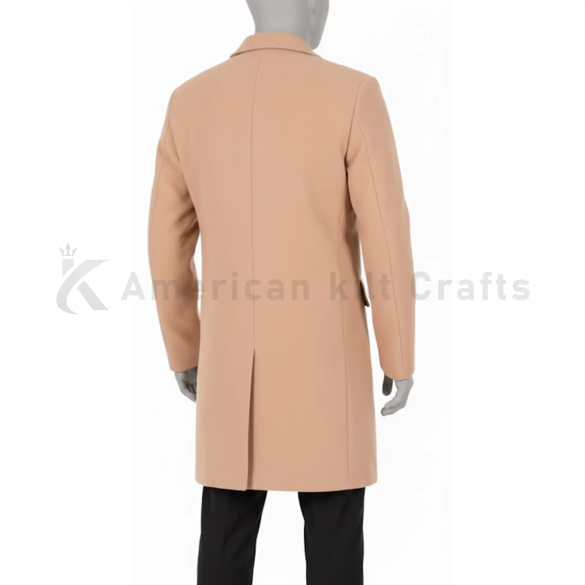 Back view of men’s wool blend peacoat with clean tailored business winter coat design.