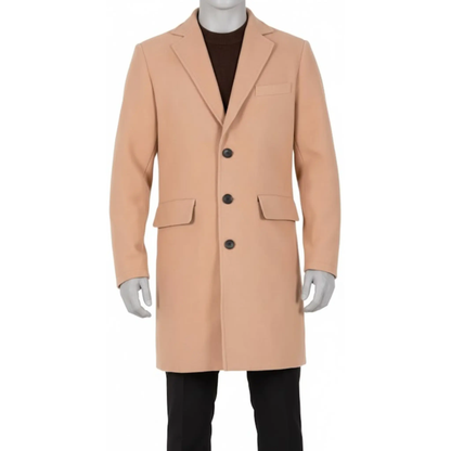 Men’s wool blend peacoat front view with classic business style and mid length winter design.