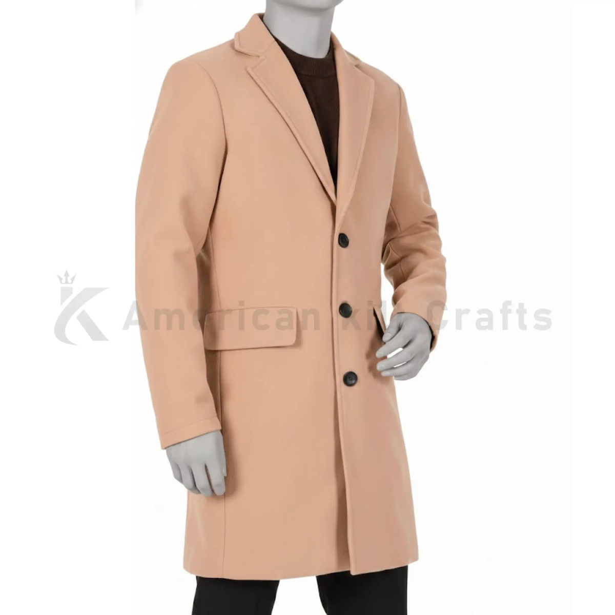 Side view of men’s wool blend peacoat showing tailored mid length silhouette for winter wear.