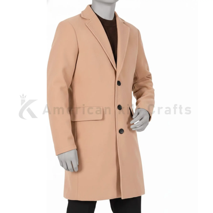 Side view of men’s wool blend peacoat showing tailored mid length silhouette for winter wear.