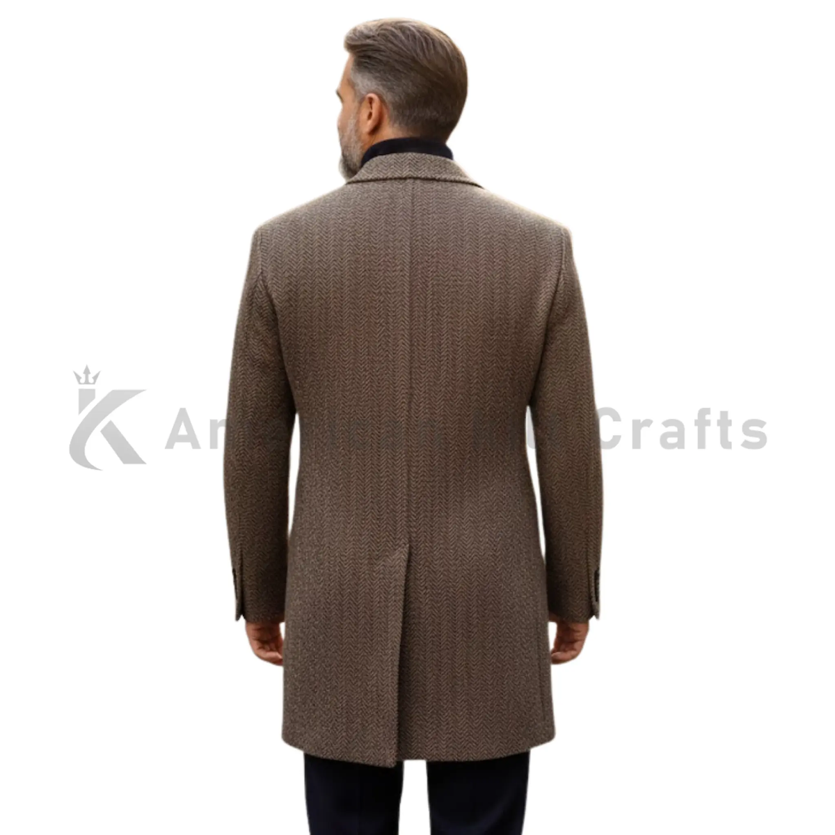 Back view of men’s wool blend tweed overcoat showing structured shoulders, clean tailoring and a classic long winter coat silhouette.