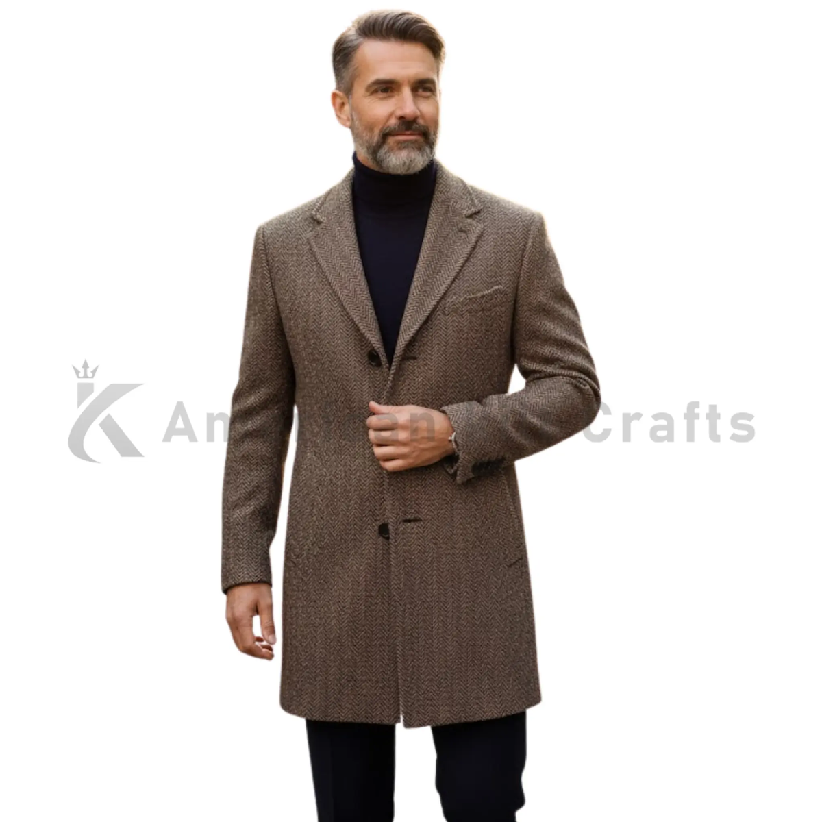 Men’s single-breasted wool blend tweed coat front view featuring classic button closure, tailored fit and elegant formal winter overcoat styling.