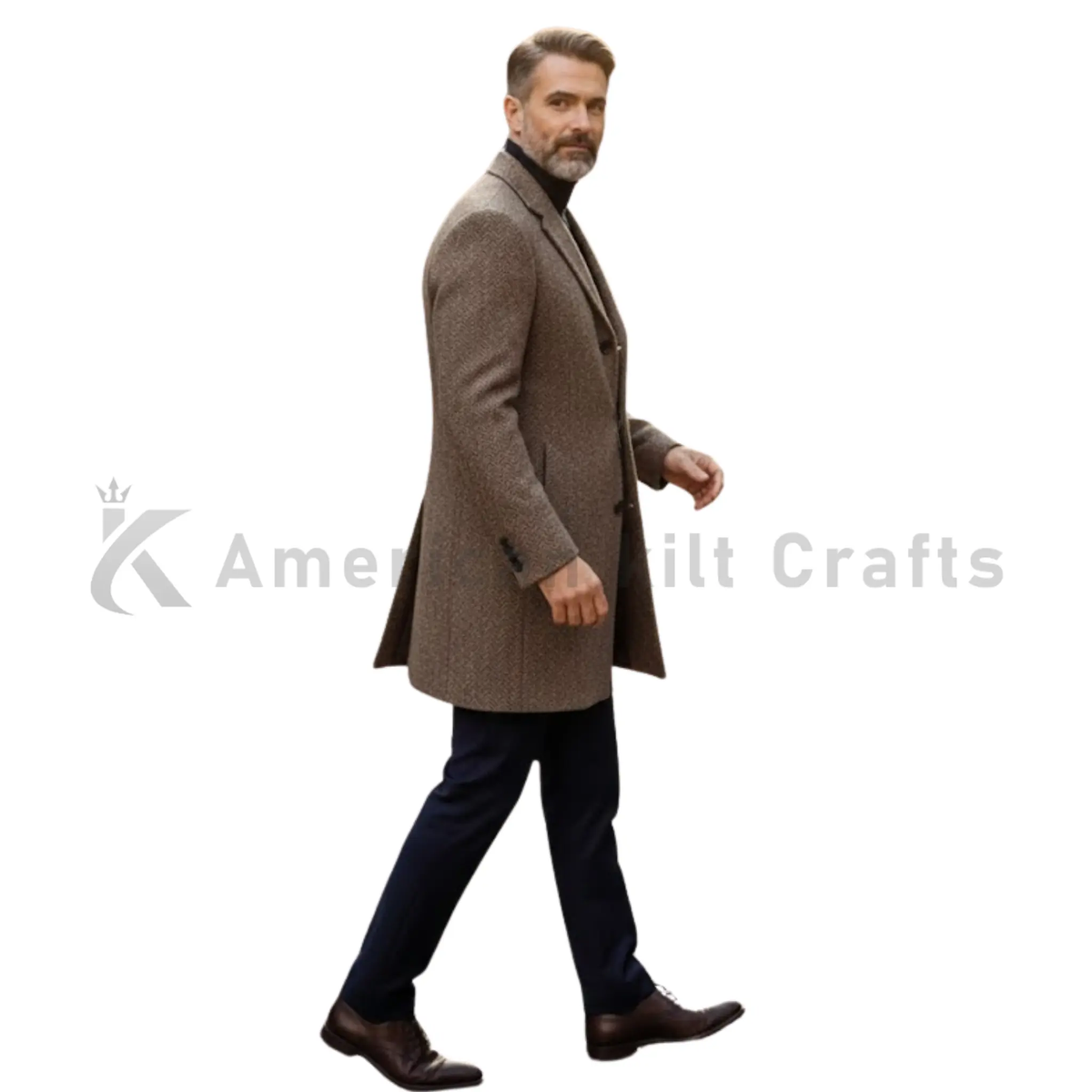 Side view of men’s single-breasted wool blend tweed coat highlighting the tailored profile, textured fabric and classic formal overcoat design.