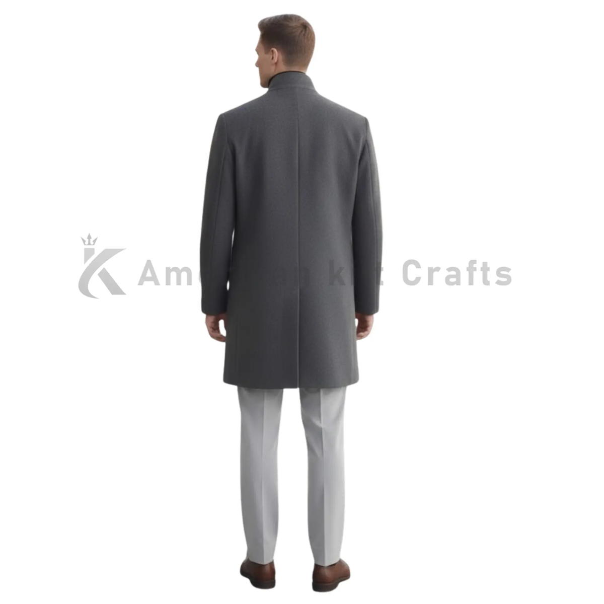 Back view of men’s full-length wool overcoat showing the clean tailored silhouette, structured shoulders and elegant long winter coat design.