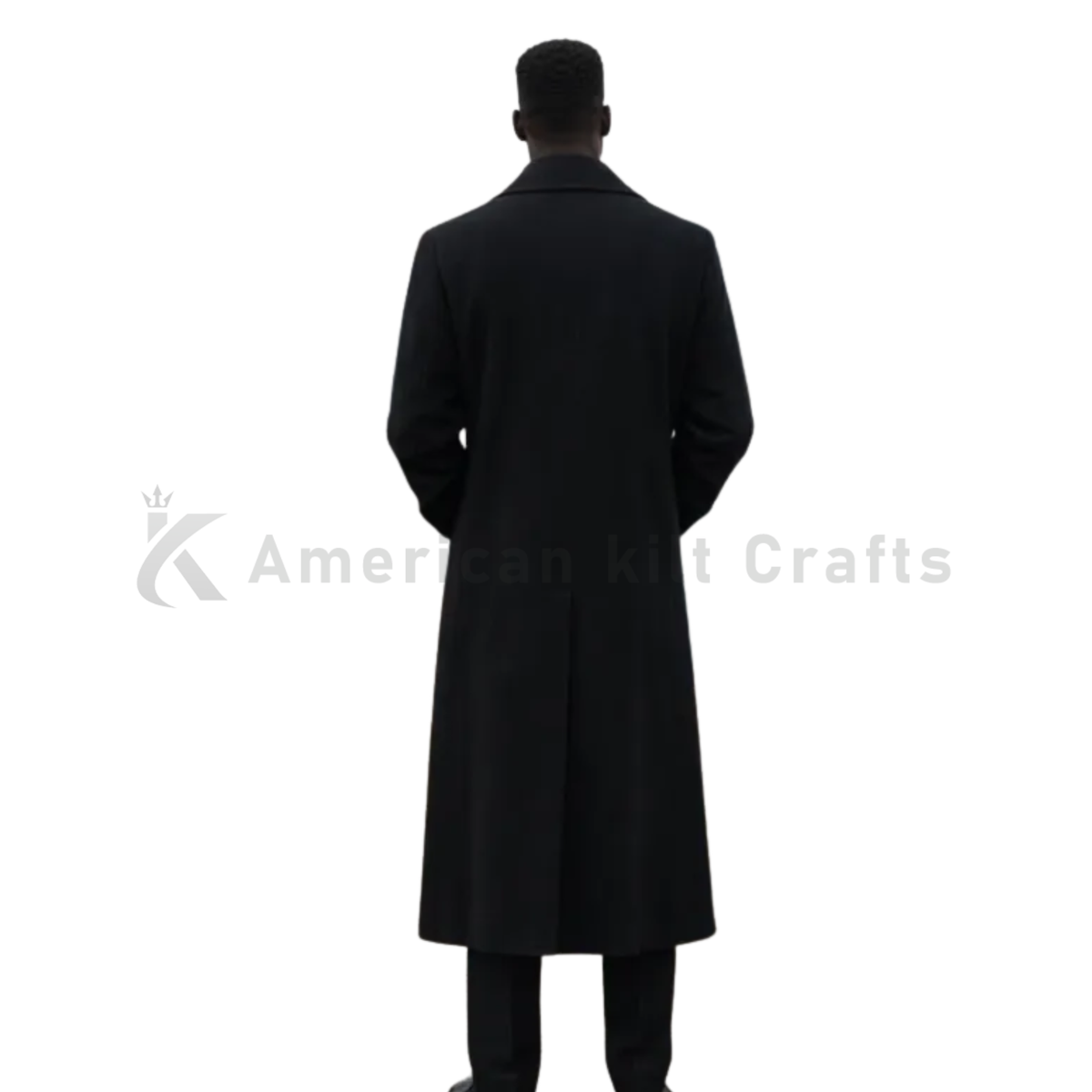 Back view of men’s full-length wool overcoat showing the clean tailored silhouette, structured shoulders and elegant long winter coat design.