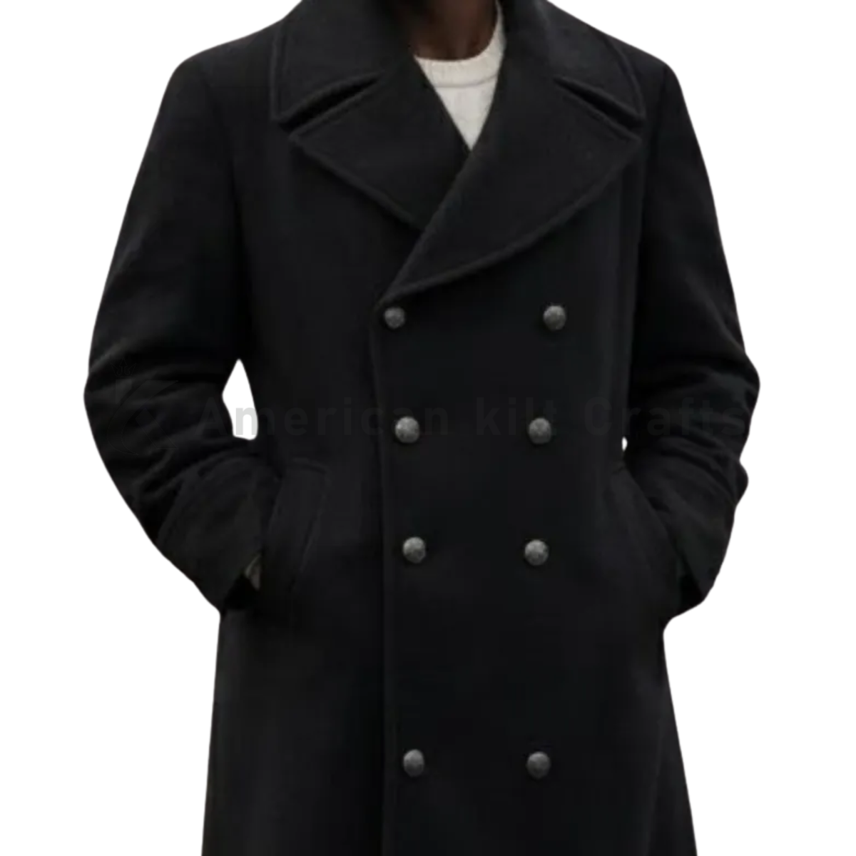 Close-up of men’s premium wool overcoat showing the double-breasted front, structured lapels, buttons and refined wool fabric detailing.