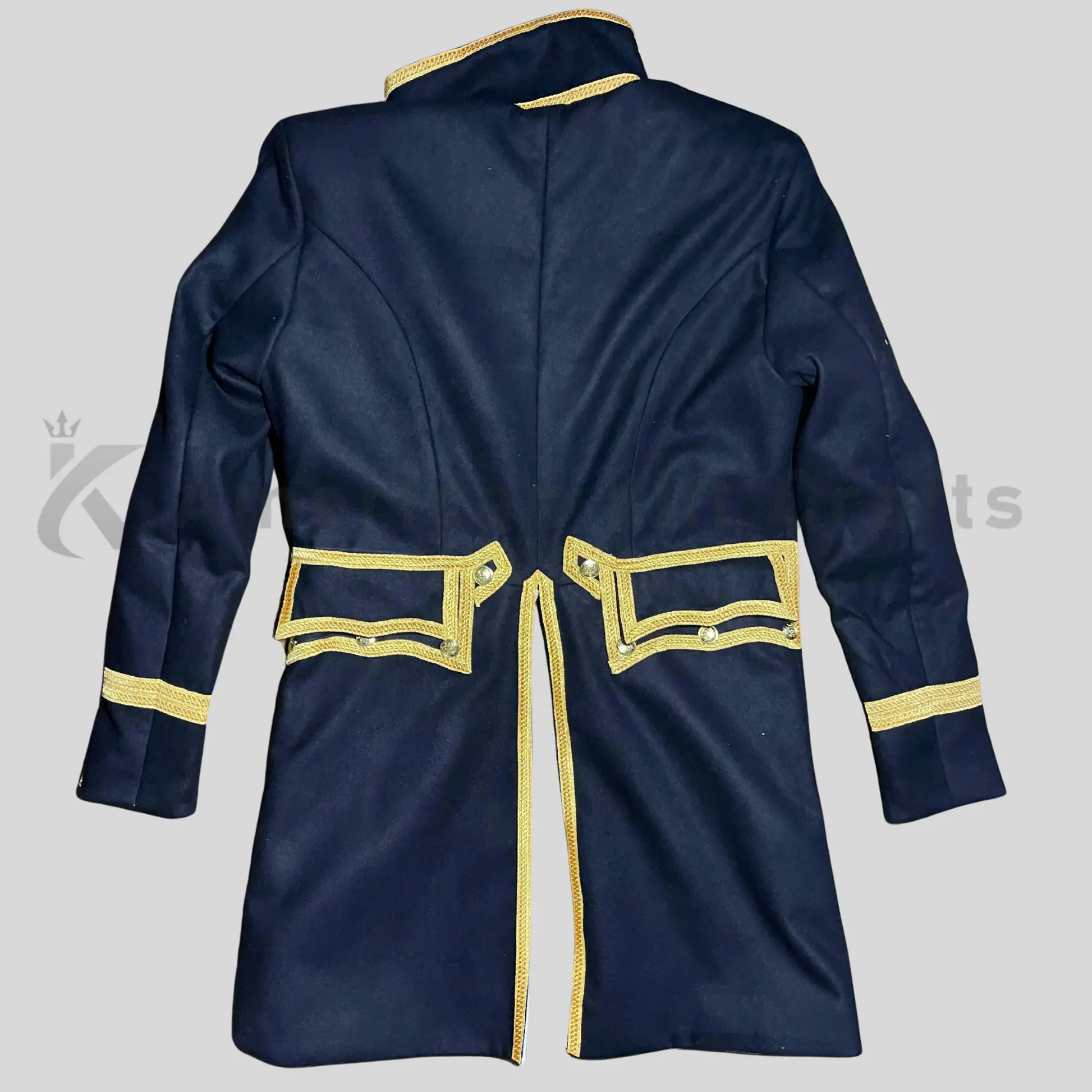 Back view of men’s wool Royal Navy officer coat showing the structured 18th-century British military silhouette.