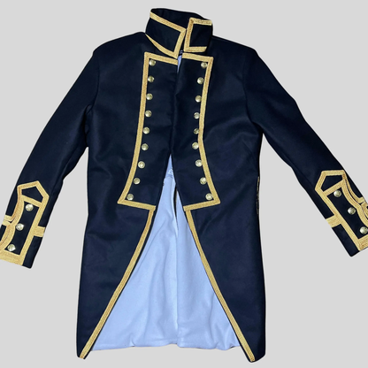 Men’s wool Royal Navy officer coat front view featuring an 18th-century British military uniform-inspired design.