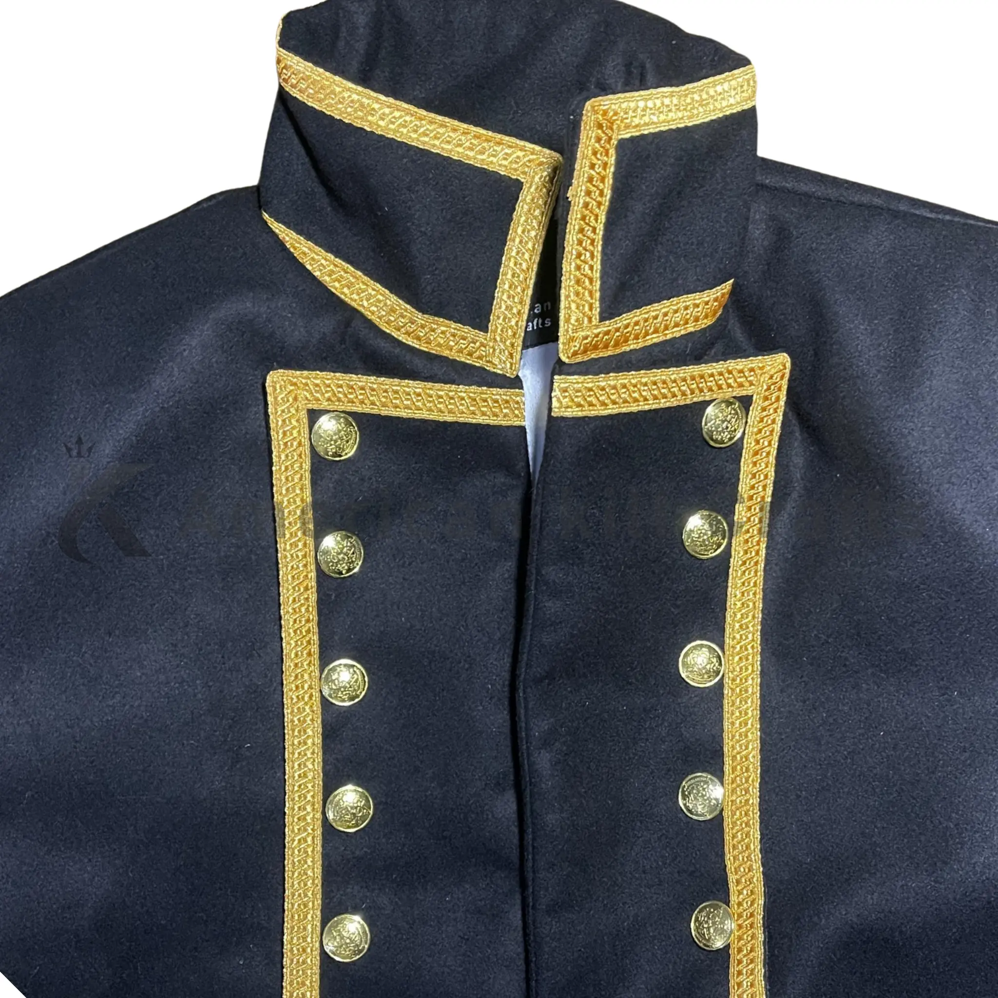 Close-up of men’s Royal Navy officer coat showing wool fabric, buttons, trim, stitching and military uniform details.