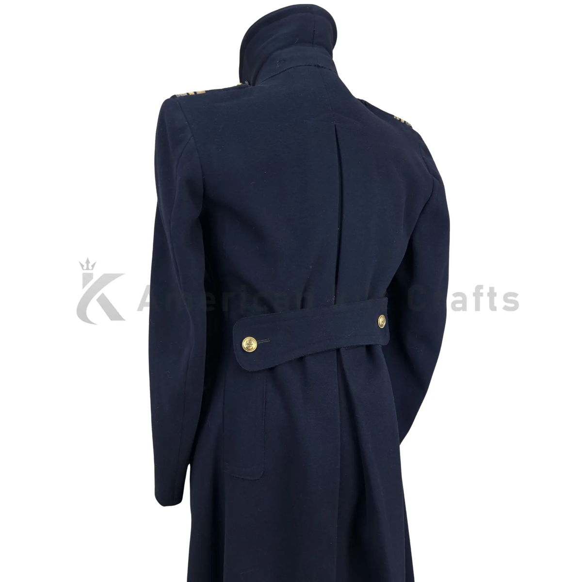 Back view of navy blue WWII-style wool greatcoat showing the long structured military silhouette.