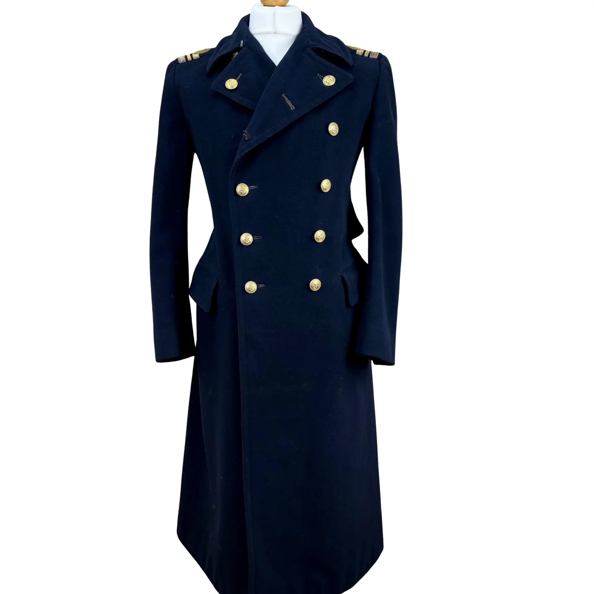 Front view of military navy blue double-breasted wool greatcoat inspired by classic 1943 WWII styling.