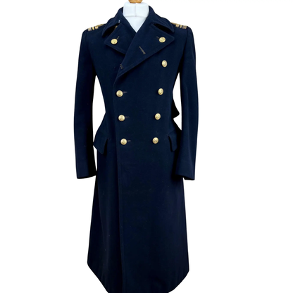 Front view of military navy blue double-breasted wool greatcoat inspired by classic 1943 WWII styling.