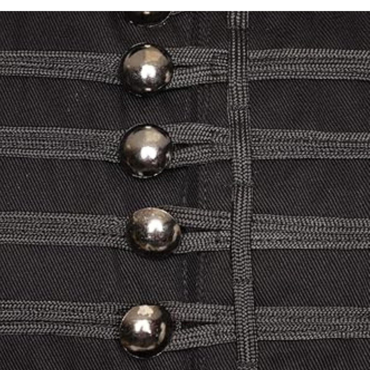close up view of a men’s military parade jacket with Gothic steampunk details, decorative trim, and classic Hussar band styling.