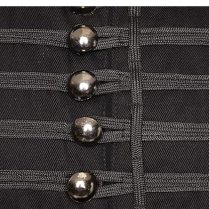 close up view of a men’s military parade jacket with Gothic steampunk details, decorative trim, and classic Hussar band styling.