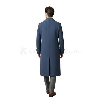 Back view of a men’s 14th Doctor Who blue wool trench coat showing the clean tailored back, full-length silhouette and vintage sci-fi inspired overcoat styling.