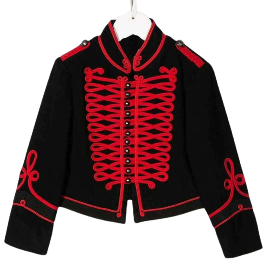 Front view of a modern black military wool jacket featuring red embroidery, decorative buttons, and classic Hussar band styling.