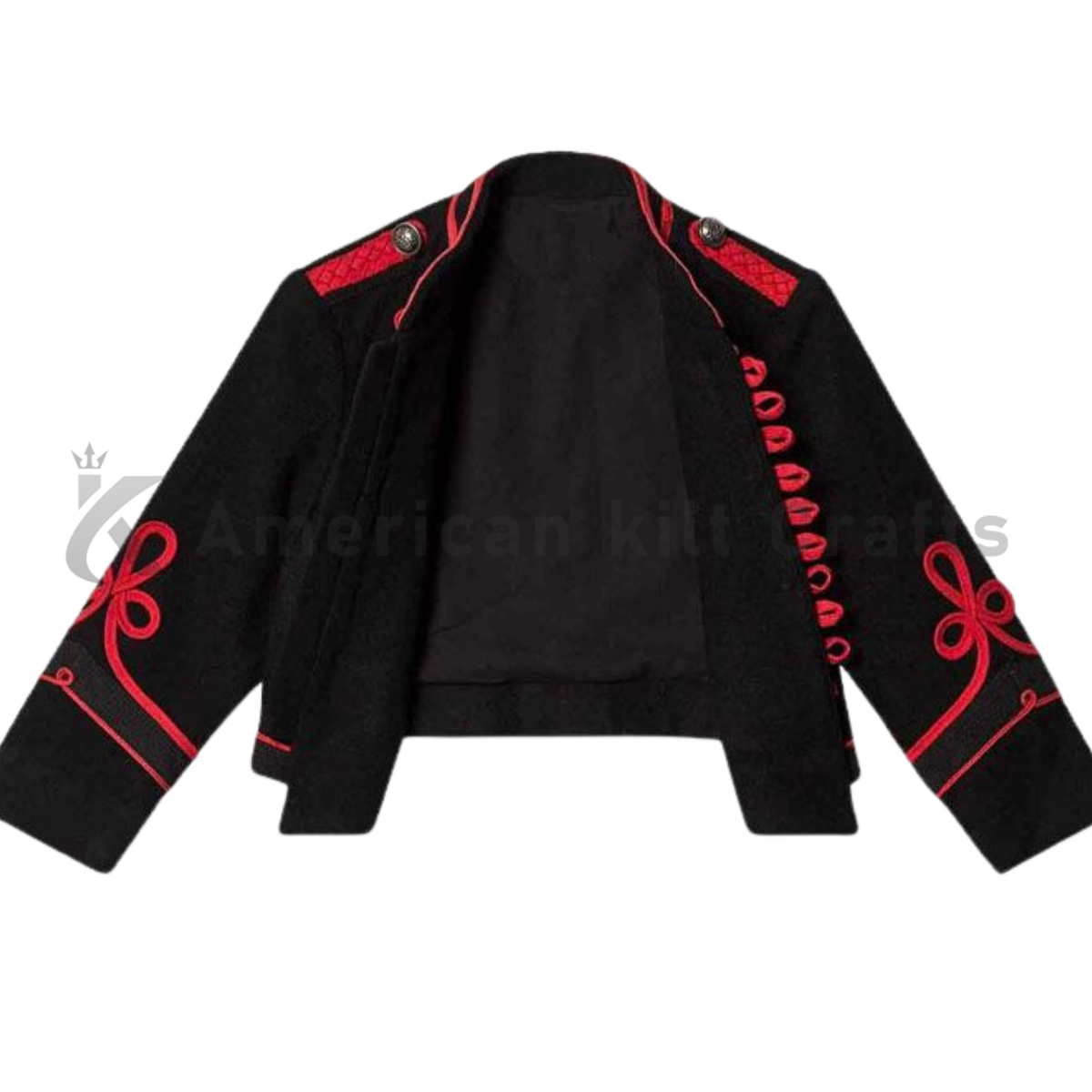 Angled view of a modern black wool Hussar jacket with red embroidery and a formal military band-inspired design.